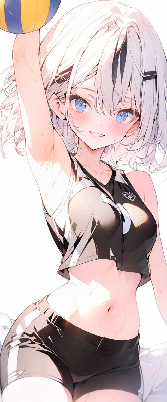  beautiful, masterpiece, Highest quality, anime, One girl, C Cup,Portrait Shot, View your viewers, Covered、Short Hair、nearby、Blue Eyes、art、、White hair,Blue streaked hair、hairpin、Cute smile、Thighs、Cute、Sweat、leather_Volleyball uniform、leather_Shorts、navel、gym、leather_separate、Gymnastics Mat、Lying on your back、Armpit