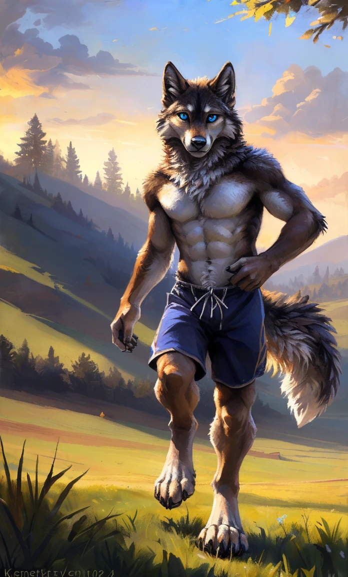 ((Solo)), male people, anthro wolf, (Multi-colored fur, White-brown:1.3，White tail pointed), (Height 2.1m,Tail length 1.2m), ((Wolf face, Big eyes, White eyelids, Blue pupil, Slim:1.2) (Tough, Calm expression:1.2)), Abs, Slim, pinging)), (Correct anatomy), (Work shorts:1.1), The upper body  naked, (detailed outfits),A long big tail，Feet，(Realistic fur, Detailed fur texture, labeled:1.3)), (Natural lighting), Photorealistic, Hyperrealistic, ultradetailed, by Kenket，Field，erect through，Running on
