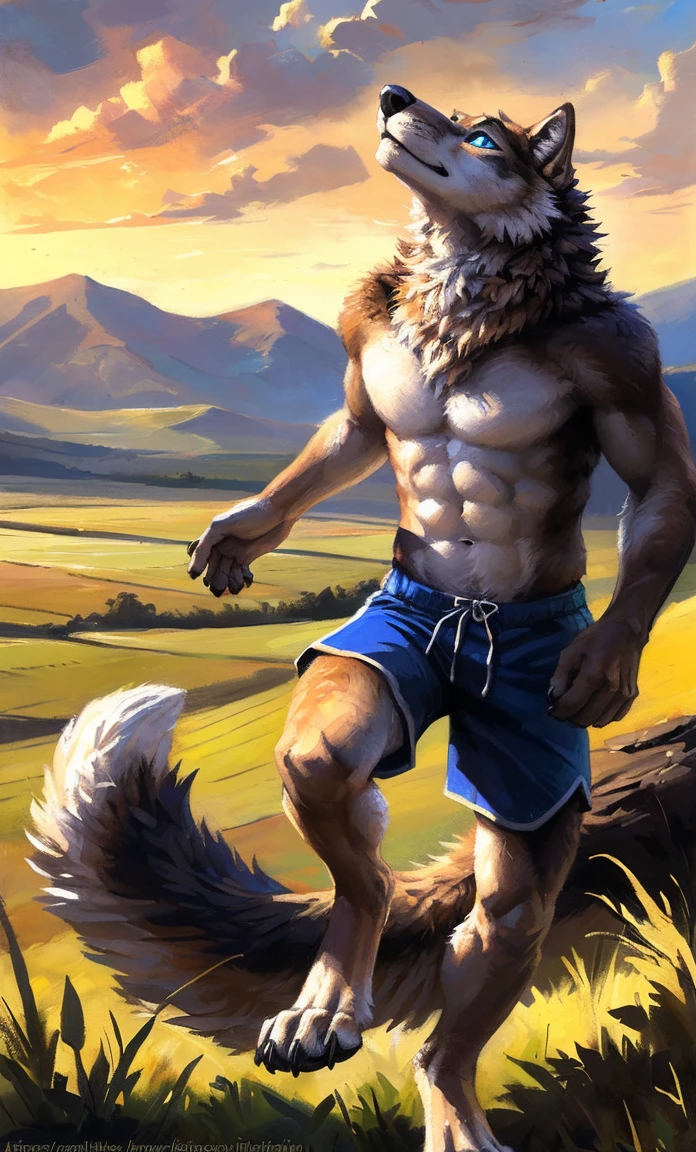 ((Solo)), male people, anthro wolf, (Multi-colored fur, White-brown:1.3，White tail pointed), (Height 2.1m,Tail length 1.2m), ((Wolf face, Big eyes, White eyelids, Blue pupil, Slim:1.2) (Tough, Calm expression:1.2)), Abs, Slim, pinging)), (Correct anatomy), (Work shorts:1.1), The upper body  naked, (detailed outfits),A long big tail，Feet，(Realistic fur, Detailed fur texture, labeled:1.3)), (Natural lighting), Photorealistic, Hyperrealistic, ultradetailed, by Kenket，Field，erect through，Running on