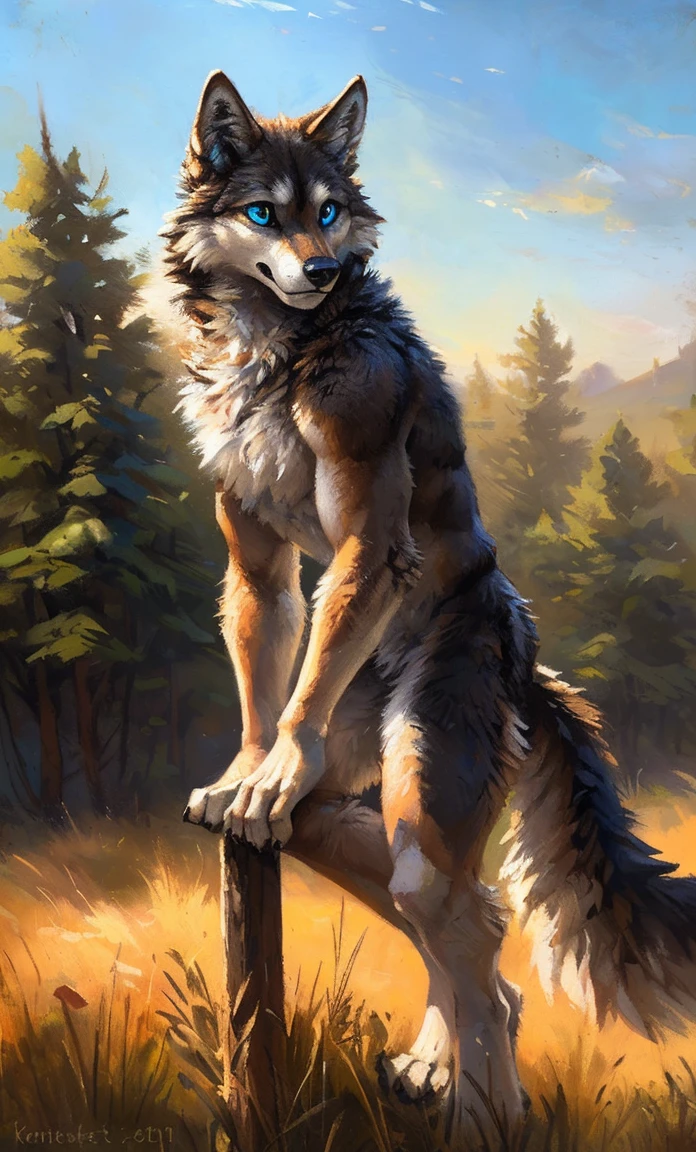 ((Solo)), male people, anthro wolf, (Multi-colored fur, White-brown:1.3,White tail pointed), (Height 2.1m,Tail length 1.5m), ((Wolf face, Big eyes, White eyelids, Blue pupil, Slim:1.2) (Tough, Calm expression:1.2)), Abs, Slim, pinging)), (Correct anatomy), Naked all over the body,A long big tail,Feet,(Realistic fur, Detailed fur texture, labeled:1.3)), (Natural lighting), Photorealistic, Hyperrealistic, ultradetailed, by Kenket,Field,No artifacts