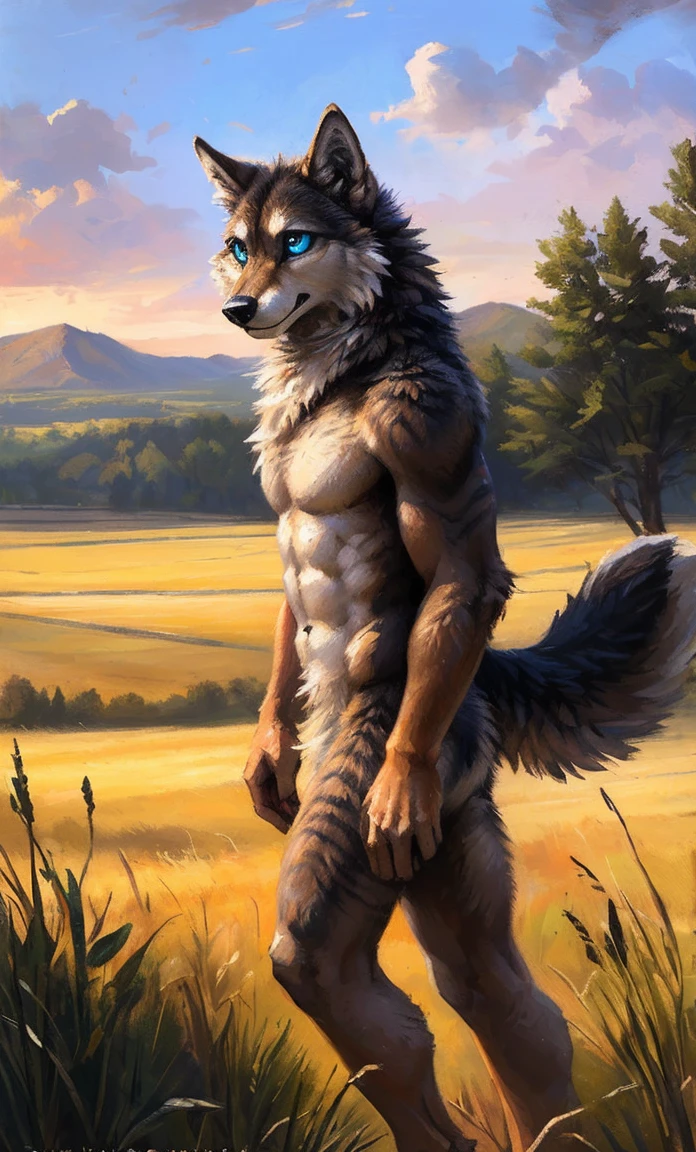 ((Solo)), male people, anthro wolf, (Multi-colored fur, White-brown:1.3，White tail pointed), (Height 2.1m,Tail length 1.5m), ((Wolf face, Big eyes, White eyelids, Blue pupil, Slim:1.2) (Tough, Calm expression:1.2)), Abs, Slim, pinging)), (Correct anatomy), Naked all over the body,A long big tail，Feet，(Realistic fur, Detailed fur texture, labeled:1.3)), (Natural lighting), Photorealistic, Hyperrealistic, ultradetailed, by Kenket，Field，No artifacts