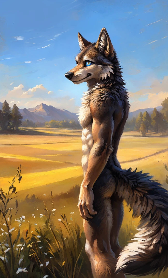 ((Solo)), male people, anthro wolf, (Multi-colored fur, White-brown:1.3，White tail pointed), (Height 2.1m,Tail length 1.5m), ((Wolf face, Big eyes, White eyelids, Blue pupil, Slim:1.2) (Tough, Calm expression:1.2)), Abs, Slim, pinging)), (Correct anatomy), Naked all over the body,A long big tail，Feet，(Realistic fur, Detailed fur texture, labeled:1.3)), (Natural lighting), Photorealistic, Hyperrealistic, ultradetailed, by Kenket，Field，No artifacts