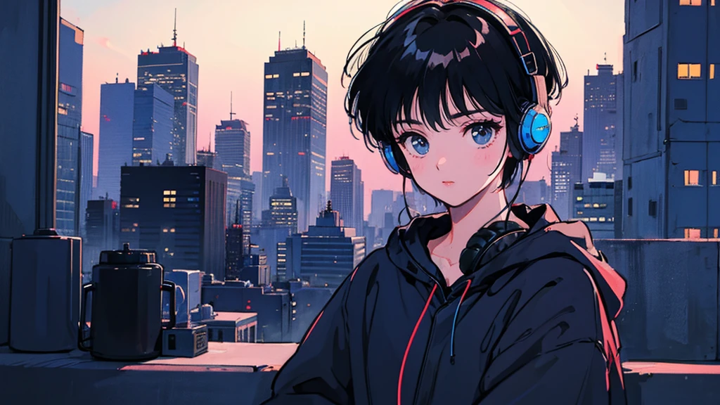 Black short Hair, Black Clothing, One Adult Woman  ,Blue headphones、 City、Delicate background、Masterpiece、night、dark、Nostalgic、universe