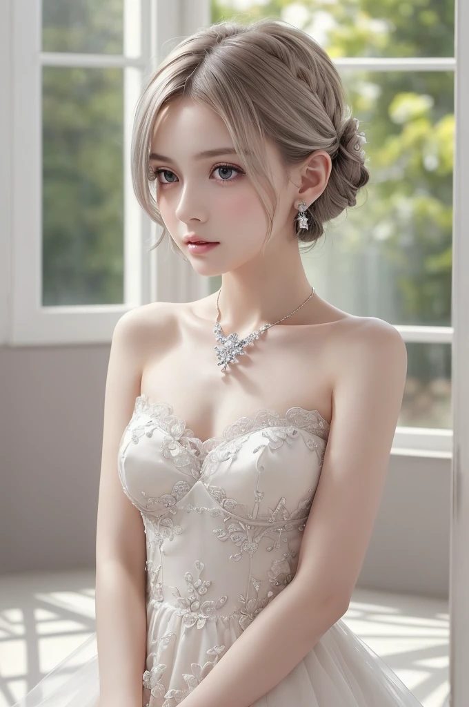naked, (((Very elegant and beautiful, Perfect detail, Very detailed))), whole body, The most detailed girl, Written boundary depth, 美しく詳細なwhole body, Thin legs, 1 Girl, 10 years old, Very short hair, Spiked Hair, Gray and silver hair, Beautiful detailed hair, Perfect Face, Expressionless, Beautiful, detailed, deep eyes, Please open your mouth a little, Delicate arms and hands, Pale skin, Earrings, Beautiful and gorgeous necklace, Colorful background, HD background, Blurred Background, Very delicate and beautiful, masterpiece, (((Highest quality, Very beautiful 8K CG wallpaper))), (((Trendy hairstyles))), (Inside the room,Stylish interior,window),