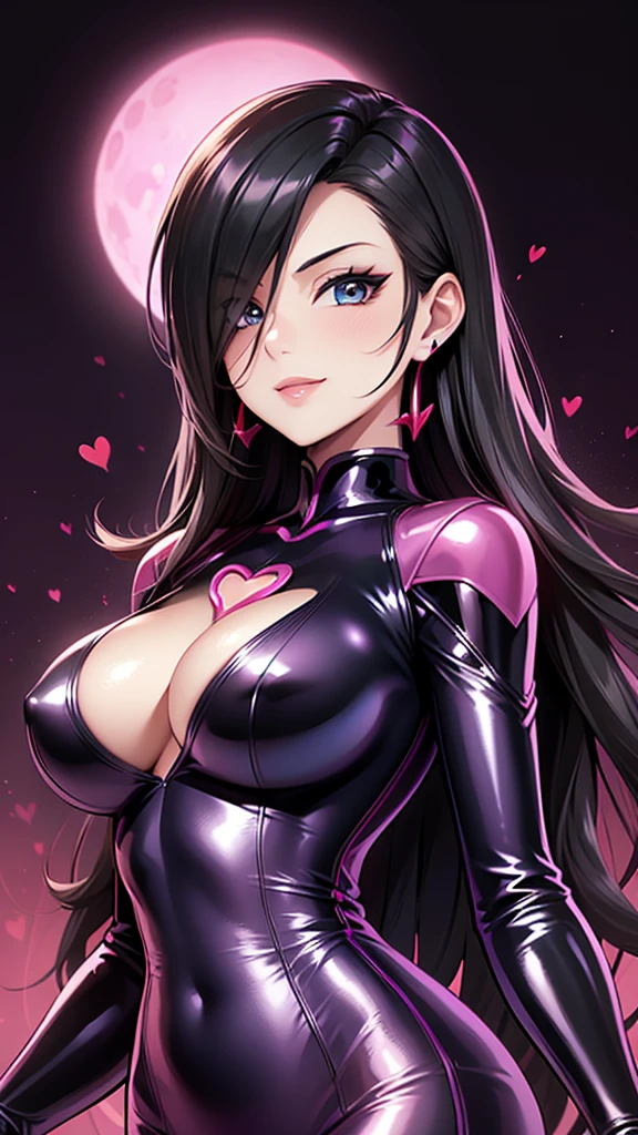 Erotic, tall, busty, mature, married woman, female executive in shiny purple rubber suit, red, black background, hearts, bedroom, dark theme, evil, temptation, excitement, condescending smile, sexy pose, upper body emphasis, angle from below