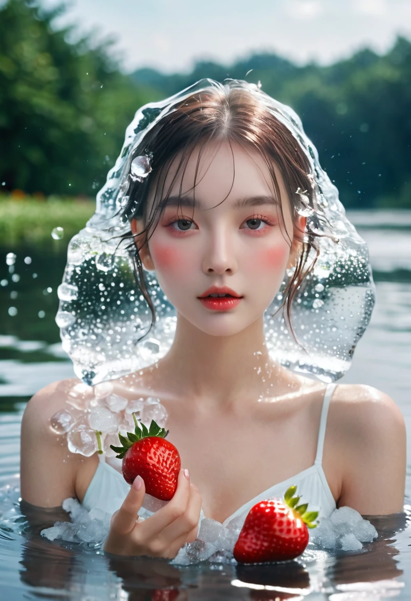 Summer Strawberry Girl,Dopamine teenage, Cool summer days,Ice cubes,The watery girl,Delicate skin,Hydration,Shiny,Shiny,dream,Front view,bust,pearl,Strawberry fruit