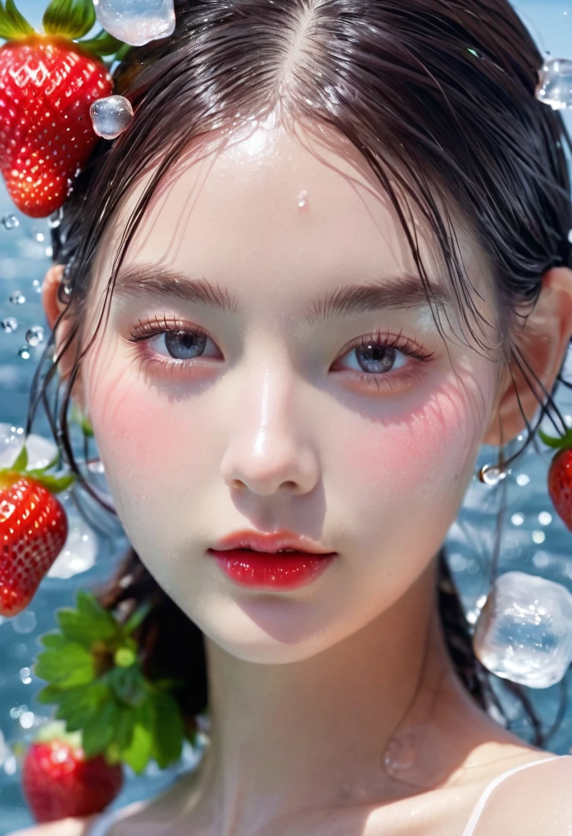 Summer Strawberry Girl,Dopamine age, Cool summer days,Ice cubes,The watery girl,Delicate skin,Hydration,Shiny,Shiny,dream,Front view,bust,pearl,Strawberry fruit