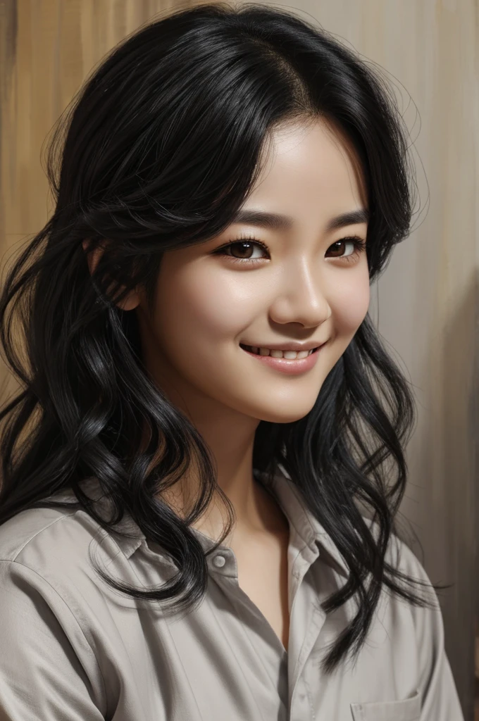 young Manwha with oil painting, wavy black hair, gray eyes, giving a small smile, close-up