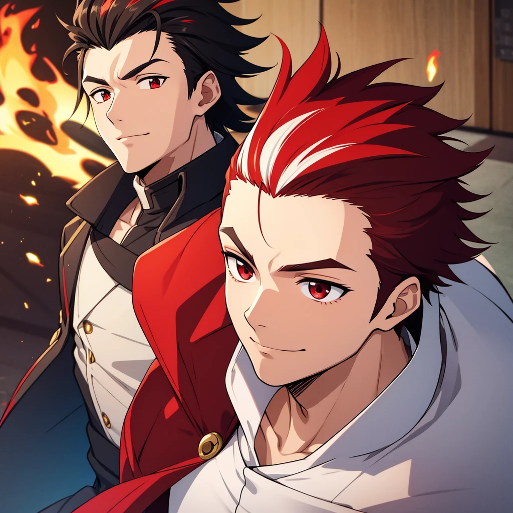 (high-quality, breathtaking),(expressive eyes, perfect face) 1boy, male, solo, young adult, black hair, red streaks in hair, red highlights, fire red eyes, soft wavy hair, short hair length, soft smile, spiky hair, fluffy hair, spiked up hair, white japanese clothes, white gi, confident smile, scars all over his body, age 17