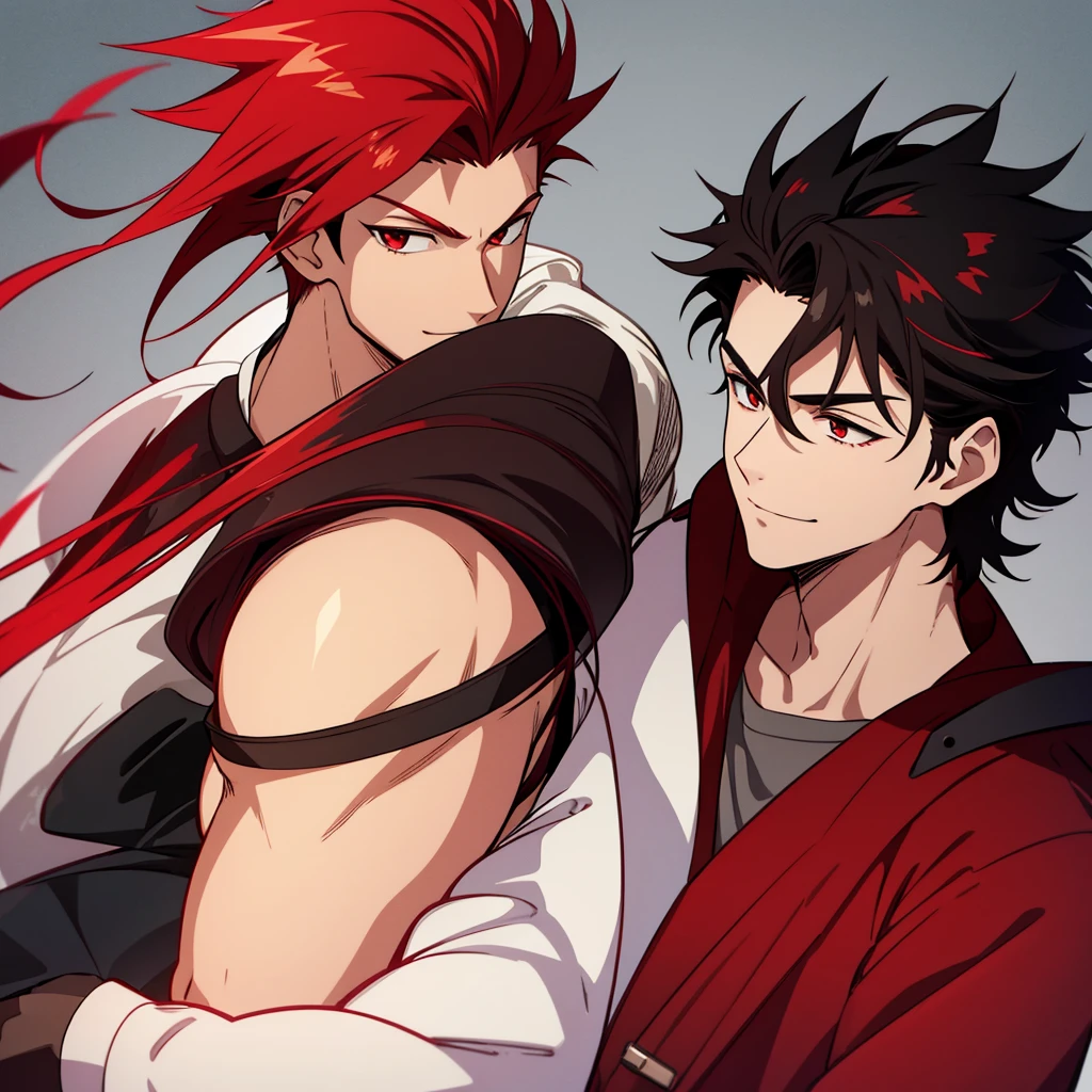 (high-quality, breathtaking),(expressive eyes, perfect face) 1boy, male, solo, young adult, black hair, red streaks in hair, red highlights, fire red eyes, soft wavy hair, short hair length, soft smile, spiky hair, fluffy hair, spiked up hair, white japanese clothes, white gi, confident smile, scars all over his body, age 17