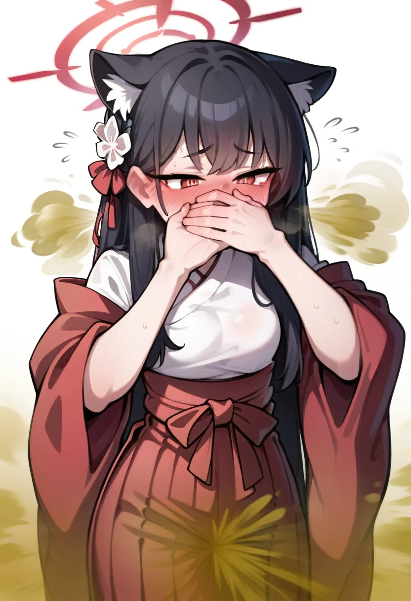 serika \(blue archive\), farting, japanese clothes, covering mouth with hands, embarrassed, 1girl,red hakama,miko,fluff,,black hair,flat breasts,animal ears,cat ears, fart