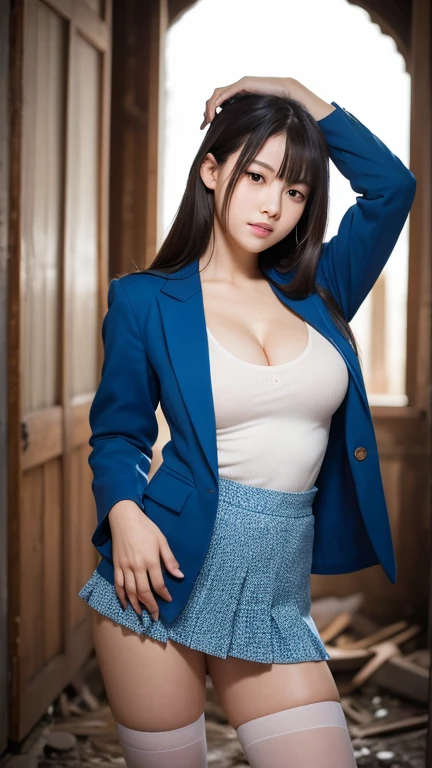 ((best qualtiy, )), sharp:1.2, Perfect figure beautiful woman:1.4, Slim abs:1.2, (( Colossal tits:1.3,cleavage:1.2)), Highly detailed facial and skin texture，A detailed eye，二重まぶた，A sideways glance at the camera、Lively poses、1girl in、25-years old、Huge chest on the verge of bursting、Esbian whose lower body is visible、A dark-haired、Tight-sized hot pants、A slight smil、