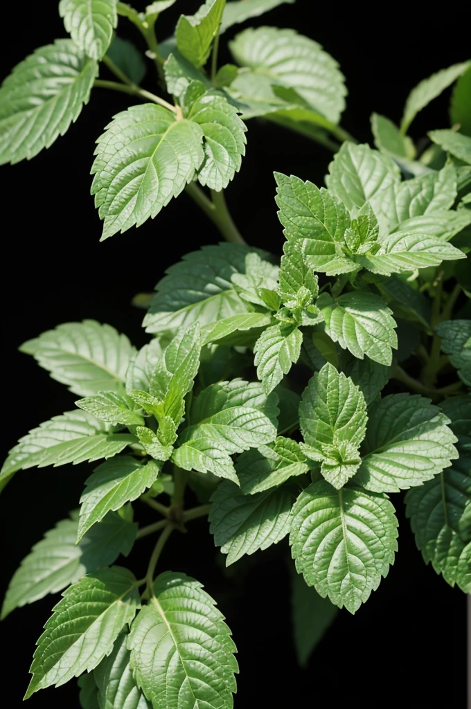 Close up of many apple mint plants,Multiple leaves, Mint leaves, black background,Backlit shooting,Shot with Nikon Z9, Shot with Canon EOS R 6, Shot with Canon EOS R 5, Shot with Canon EOS R5, shot with Sony A 7 III, Shot with Sony Alpha 1 camera, Shot with Sony Alpha 9, Shot with Canon EOA 6 D Mark II