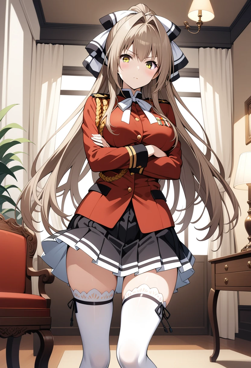 masterpiece, best quality, very aesthetic, absurdres,
1girl, sento isuzu, amagi brilliant park, brown hair, yellow eyes, aiguillette, red coat, neck ribbon, pleated skirt, white thighhighs, long sleeves, uniform, sleeve cuffs, crossed arms, indoors, curtain, lamp, flower, windows, tassel, chair,