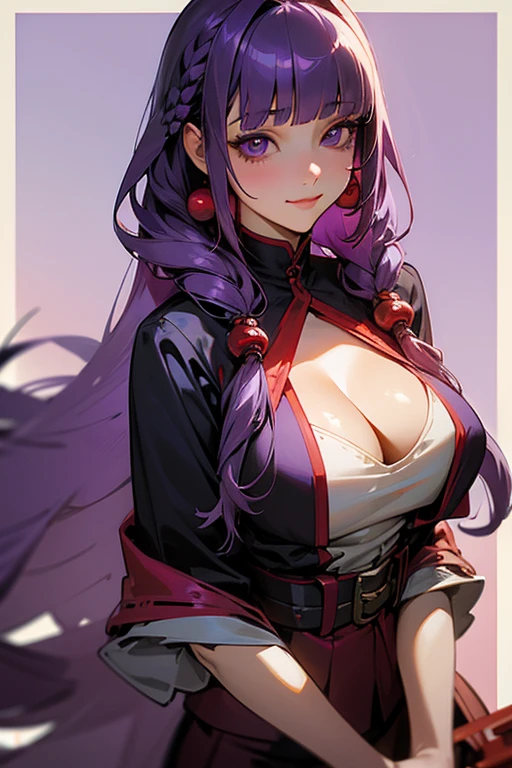 1 Girl, Blunt bangs, Braiding, Wide sleeves, hair ornaments, Red Belt, (Purple Hair:1.2), Very long hair, Straight hair, Looking at the audience, Highly detailed background, (Realistic:1.2), Beautiful Eyes, Red eyeshadow, Written boundary depth,thigh, (Urzan-6500:0.7), Upper Body, (alone:1.2), Cleavage, Shiny skin、(bike)、smile、