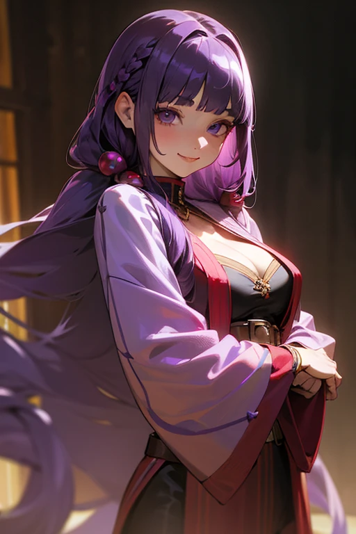 1 Girl, Blunt bangs, Braiding, Wide sleeves, hair ornaments, Red Belt, (Purple Hair:1.2), Very long hair, Straight hair, Looking at the audience, Highly detailed background, (Realistic:1.2), Beautiful Eyes, Red eyeshadow, Written boundary depth,thigh, (Urzan-6500:0.7), Upper Body, (alone:1.2), Cleavage, Shiny skin、(bike)、smile、