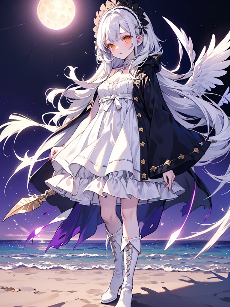Create a high-quality Mina pastel artwork of a solo girl with long white hair wearing a black gothic dress, standing on a sand beach at night wearing an upright feather headdress, cloak, and boots, with a sparkling yellow eye, cleavage, and a purple background.