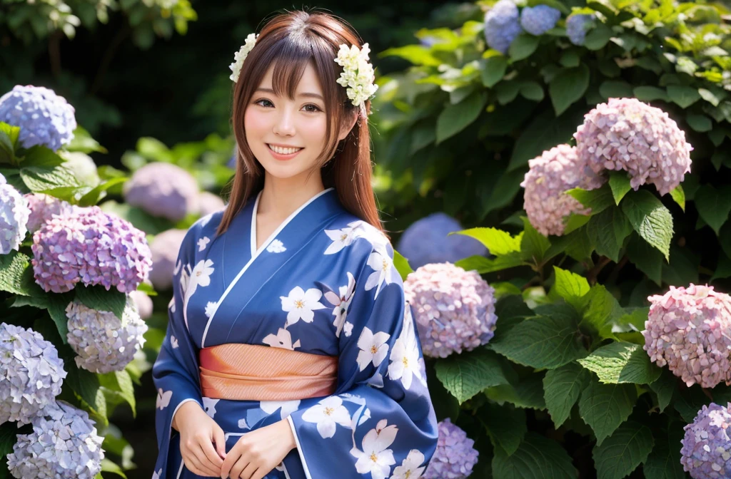 Generate a beautiful woman with chestnut hair wearing a yukata. The background features hydrangea flowers. Focus on the upper body with a smiling expression.