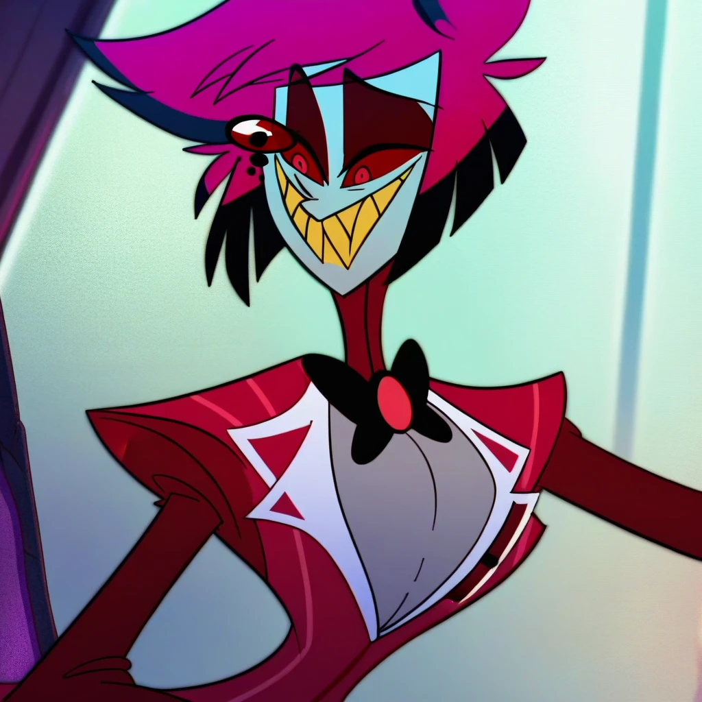 alastor, solo, 1girl, standing, (huge breasts:1.5), grey skin, red suit, monocle, BREAK score_9, score_8_up, score_7_up, score_6_up, screencap, (((lighting on body)))