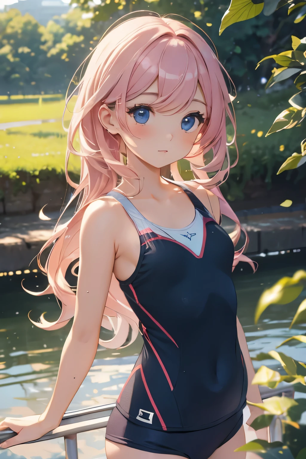 Chibi Girl Doll、bank、river、bridge、Enjoying stretching、Training wear、Very detailed、Ultra-realistic、Photorealistic、8K、Hyperrealistic、masterpiece、Beautiful detailed eyes、Beautiful detailed lips、Very detailedな顔、Long eyelashes、Beautiful young girl、Calm expression、Warm colors、Beautiful lighting、Cinematic、Intricate details、Bright colors、natural environment、Lush vegetation、Soft Focus、Depth of written boundary