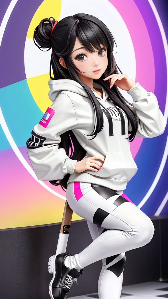 (((Highly detailed CG unit 8K wallpaper:1.2, masterpiece, High resolution:1.2, Highest quality:1.2, Tabletop))), ((Very beautiful woman, Place your hands behind your back.:1.8, Grunge Fashion, Wearing a colorful hoodie, White leggings, Putting on your shoes)), ((Highly detailed face, Highly detailed black eyes, Highly detailed body, Highest qualityのリアルテクスチャスキン)), (Black-haired, Hair length, White skin, small), ((colorful geometric pattern wall, Colorful wall)), (High Angle:1.2, Fisheye Lens:1.3), Surreal, Digital Painting,