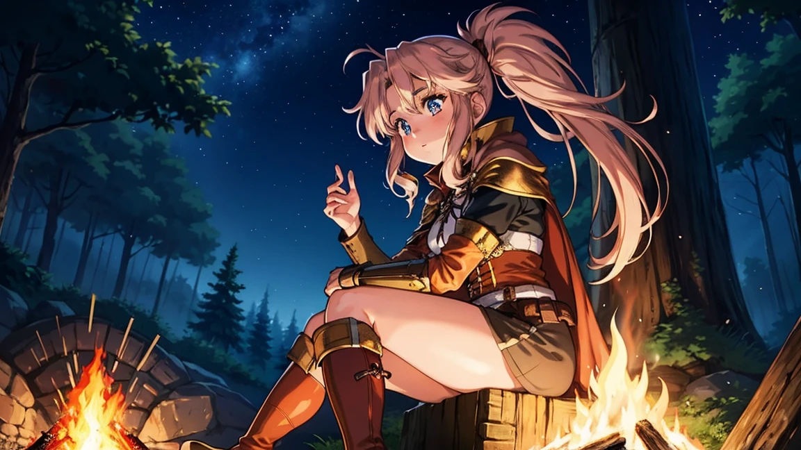 A human female adventurer camping outdoors in a fantasy game world, illustrated in a Japanese anime style. She is sitting on a log near a campfire, with her long, flowing hair tied back in a ponytail. She is dressed in detailed medieval-style adventurer clothing with leather armor, a cape, and boots. Her large, expressive eyes are highlighted by the warm, flickering campfire light, and she has a thoughtful expression as she gazes into the fire. The background features a dense, enchanted forest under a starry night sky. The scene is detailed with vibrant colors and a focus on anime aesthetics. 1920x1080 resolution.