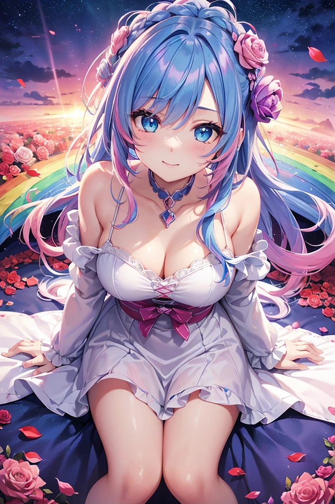 ((Highest quality, Tabletop)), ((Style - Swirl Magic):0.75)
One Girl,(((masterpiece)))、((超detailedな、Highest quality、High resolution、Cinema Lighting))、whole body、From above、whole bodyショット (1 girl)(Rainbow Hair、Colorful Hair、Half Blue、Half pink hair:1.2)(Both sides up)(Green Eyes)、eye shadow、eyeliner、Glowing Eyes、Hyper Detail Eye、Complex eyes、Beautiful Eyes、((Sparkling blue eyes))18-year-old girl、A seductive smile、detailed, Crimson Light, detailed background, Pink rose field, White sundress, Scary Clouds, Light Particles, sitting on roses,