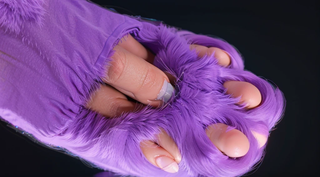 The image shows a close-up of a super fluffy purple paw on a dark background. The paw is furry with pink toes, fluffy paw, violet paw, super fluffy 3d violet cat paw with bright gradient reflections,  beeple and jeremiah ketner, adorable digital painting, 3 d icon for mobile game, 3 d littlest pet shop cat, cat cat dreamcats, cat from the void, normal map, cute detailed digital art, cats cat dreamcats, cat. digital painting, cute 3 d render, multiple light sources, rim light, sharp post effects render, (fluffy fur texture with multiple big light probe refractions), perfect cgi, cgi art, smooth silhouette, high intensity refraction, (mesh material), most beautiful vfx, blue background, mesh refractions. It in 4k resolution, allowing viewers to immerse themselves in the richness of the colors and intricate details. The realistic rendering. under the spotlight, reflecting, high-resolution image, realistic rendering, dark background, and rim light photorealistic, The background is black