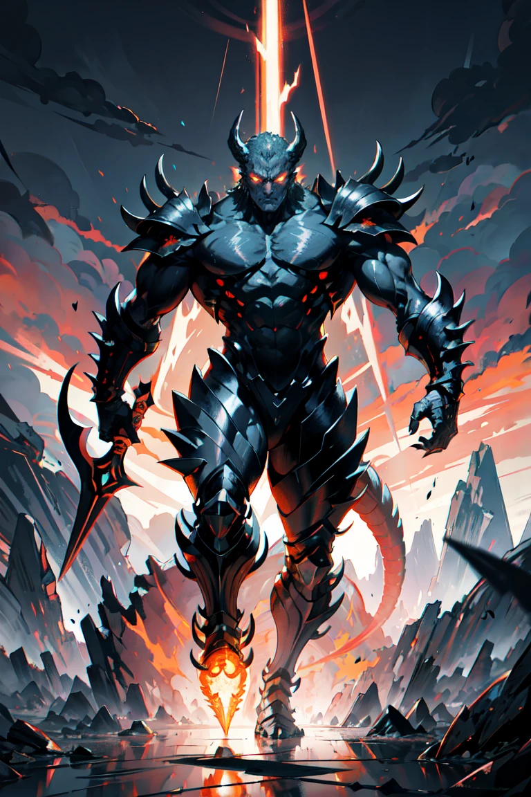 Kaiju form of a man, Masterpiece, Best quality, 8K, Detailed skin texture, obsidian-like plates that overlap like armor reptilian head, obsidian spikes running from the forehead to the back of the neck. Four glowing amber eyes, arms with massive claws and blades, feet have three large, taloned toes, A long, whip-like tail ending in a mace-like cluster of obsidian spike, orange lines and aura in between armor. HD. city background destroyed. ultra HD, masterpiece, 4k, 8k