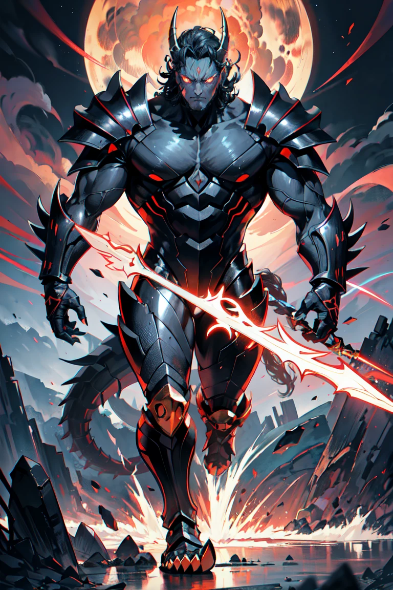 Kaiju form of a man, Masterpiece, Best quality, 8K, Detailed skin texture, obsidian-like plates that overlap like armor reptilian head, obsidian spikes running from the forehead to the back of the neck. Four glowing amber eyes, arms with massive claws and blades, feet have three large, taloned toes, A long, whip-like tail ending in a mace-like cluster of obsidian spike, orange lines and aura in between armor. HD. city background destroyed. ultra HD, masterpiece, 4k, 8k
