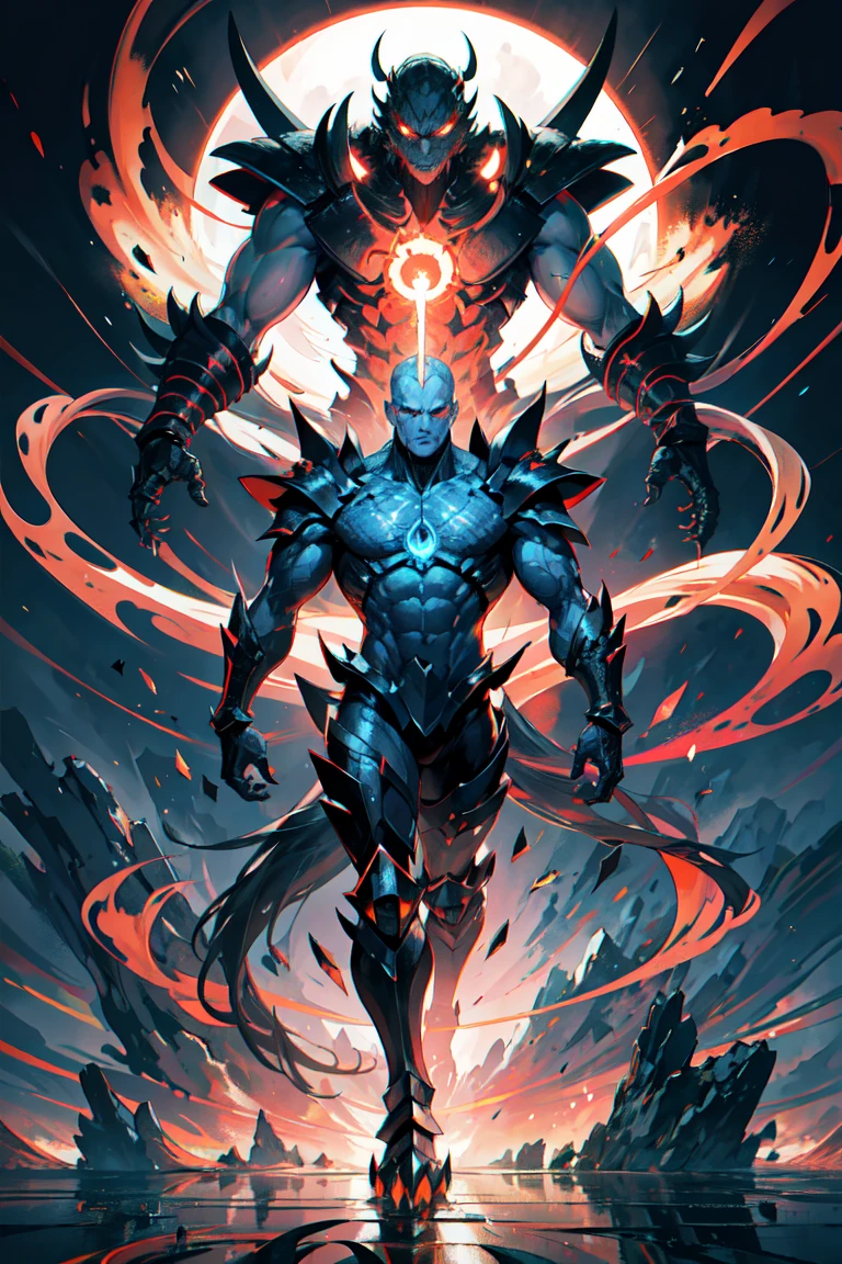 Kaiju form of a man, Masterpiece, Best quality, 8K, Detailed skin texture, obsidian-like plates that overlap like armor reptilian head, obsidian spikes running from the forehead to the back of the neck. Four glowing amber eyes, arms with massive claws and blades, feet have three large, taloned toes, A long, whip-like tail ending in a mace-like cluster of obsidian spike, orange lines and aura in between armor. HD. city background destroyed. ultra HD, masterpiece, 4k, 8k