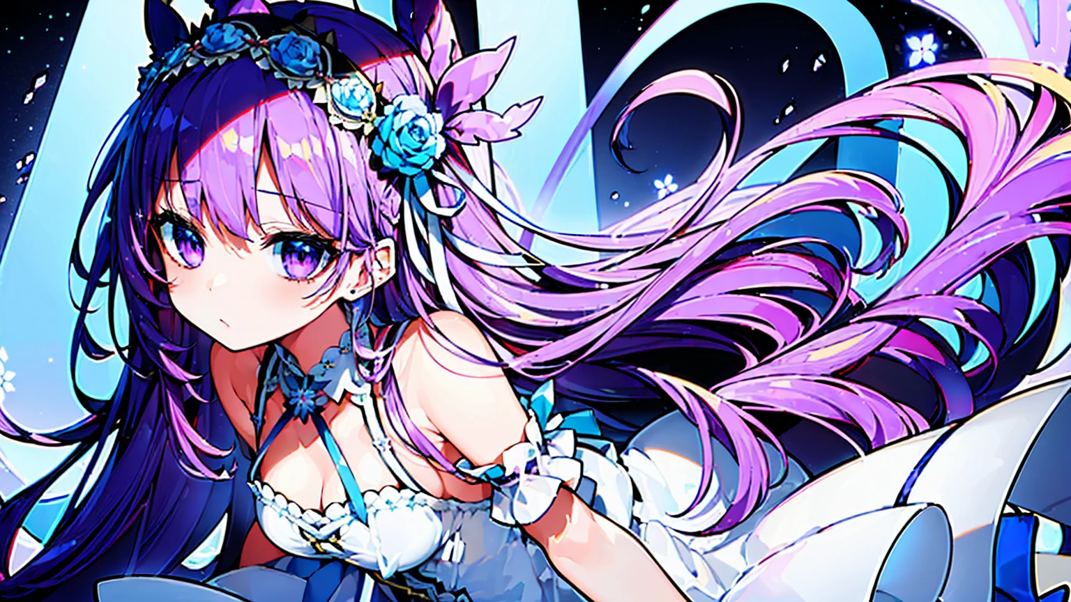 ((masterpiece, highest quality)),Best aesthetics,One girl, alone, flower, ribbon, white rose, Javelin (Azur Lane), purple hair, long hair, dark purple hairband, mechanical lance, light blue and red odd eyes, white, light blue and purple dress, transparent light blue arm ornament, lilac ribbon , small breasts,Only one side wing