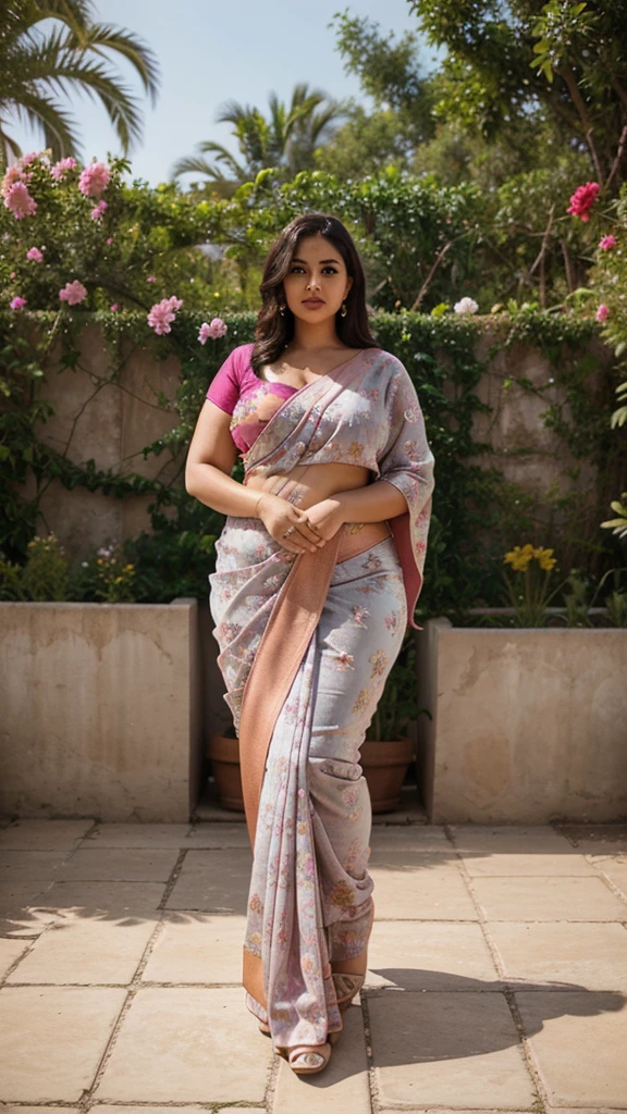 Plus Size Hot BBWs Model curvy, chubby, fat 40 yo women Lookbook Beauty Wearing Top Colour saree flower garden watertank background, hung breast,