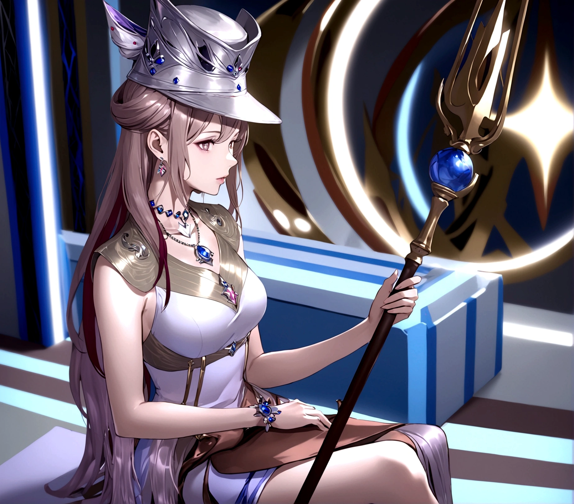 1girl, solo, long hair, breasts, brown hair, hat, dress, holding, jewelry, medium breasts, sitting, necklace, polearm, staff, holding staff
