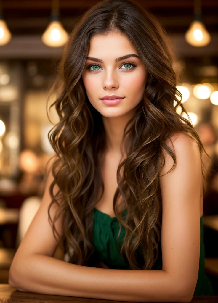 beautiful brunette (in a busy restaurant ), very detailede, 21 ans, Visage innocent, natural wavy hair, green eyes, high resolution, head of&#39;artwork, best quality, intricate details, very detailed, mise au point nette, detailed skin, texture de peau realistic, texture, detailed eyes, professionnel, 4K, charming smile, filmed in Canon, 85 millimeters, shallow depth of field, Kodak Vision Color, corps parfaitement ajusté, extremely detailed, Photograph_\(ultra\), photorealistic, realistic, Post-traitement, Maximum details, roughness, real life, Ultra realistic, photorealism, photographie, 8k uh, photographie, bare shoulder, très-petit décolleté, , sexly, flirts with the camera, regarde sexly, regard directement la camera, with uncovered face, on voit tous son corps, big buttock , not