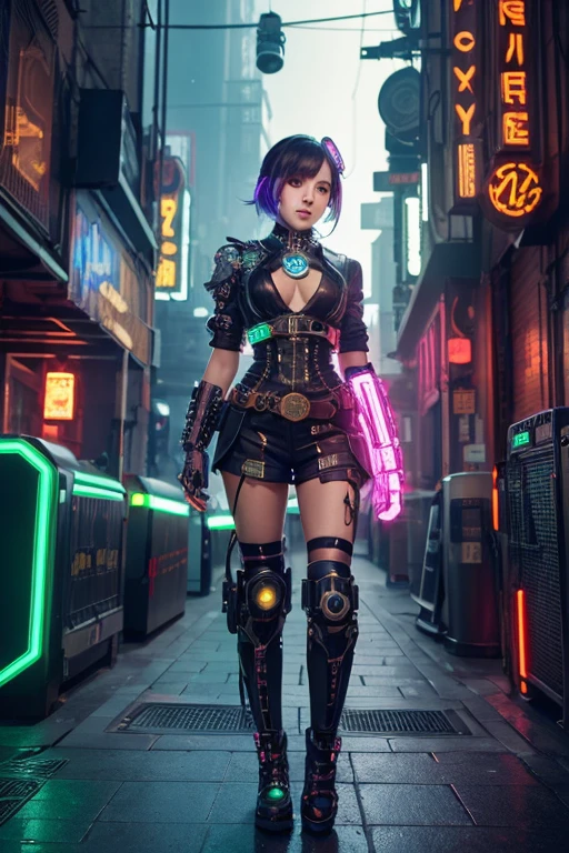Full body neon city| Full body portrait| Detailed face| Symmetric| steampunk| cyber punk| cyborg| Intricately detailed| Scale| Surreal| Cinema Lighting| Digital Art| Concept Art| mdjrny-v4 style、Real、Korean idol average