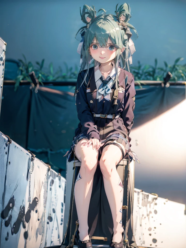 One girl, Hoshino (Blue Archive), alone, Heterochromia iridis, Pink Hair, skirt, Long Hair, tie, Ahoge, shirt, Hello, Plaid skirt, blue eyes, Plaid, View your viewers, white shirt, Sitting, Orange eyes, chest Harness, Harness, Long sleeve, ID card, Open your mouth, very Long Hair, collared shirt, smile, blue tie, bangs, The legs are off the frame, Between the legs, hand Between the legs, blush, Hair between the eyes, High resolution,masterpiece, Highest quality