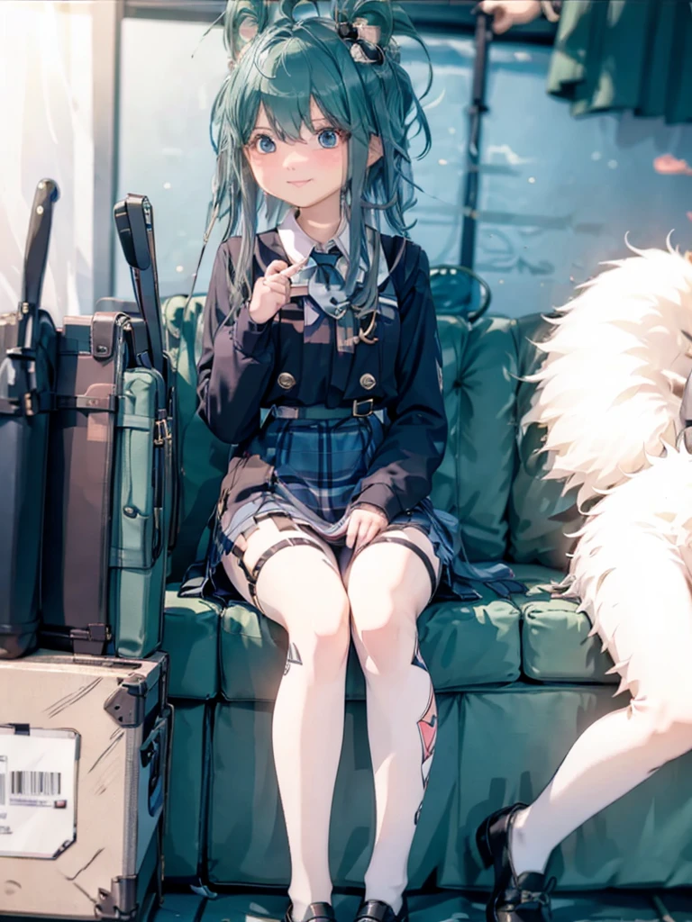 One girl, Hoshino (Blue Archive), alone, Heterochromia iridis, Pink Hair, skirt, Long Hair, tie, Ahoge, shirt, Hello, Plaid skirt, blue eyes, Plaid, View your viewers, white shirt, Sitting, Orange eyes, chest Harness, Harness, Long sleeve, ID card, Open your mouth, very Long Hair, collared shirt, smile, blue tie, bangs, The legs are off the frame, Between the legs, hand Between the legs, blush, Hair between the eyes, High resolution,masterpiece, Highest quality