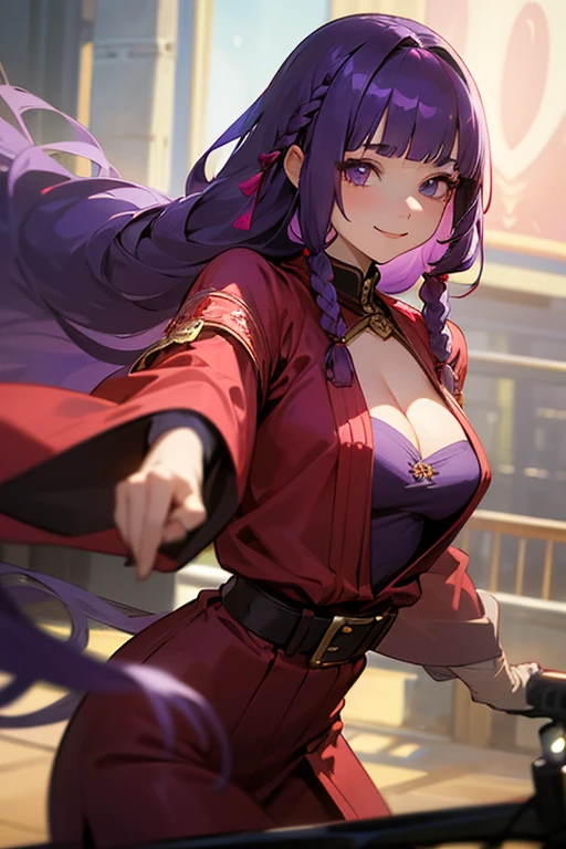 1 Girl, Blunt bangs, Braiding, Wide sleeves, hair ornaments, Red Belt, (Purple Hair:1.2), Very long hair, Straight hair, Looking at the audience, Highly detailed background, (Realistic:1.2), Beautiful Eyes, Red eyeshadow, Written boundary depth,thigh, (Urzan-6500:0.7), Upper Body, (alone:1.2), Cleavage, Shiny skin、(bike)、smile、