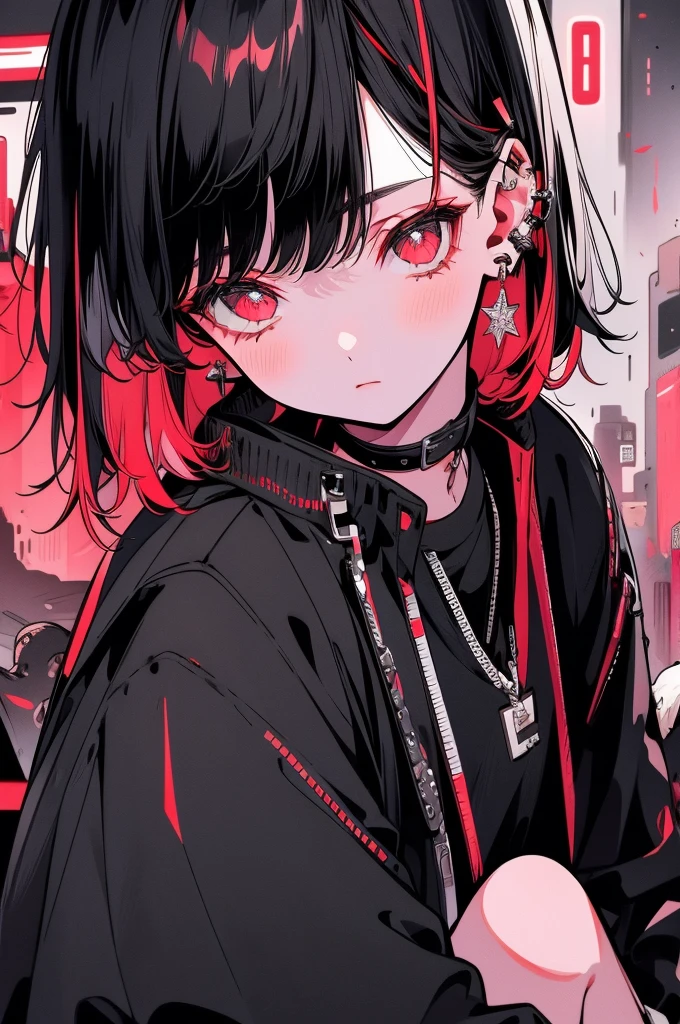 girl, white-red hair, Cool black open short jacket, Messy Fade Cut Hair, Hugging a fluffy white puppy, Futuristic neon night city background, Straight front center, photo shoot