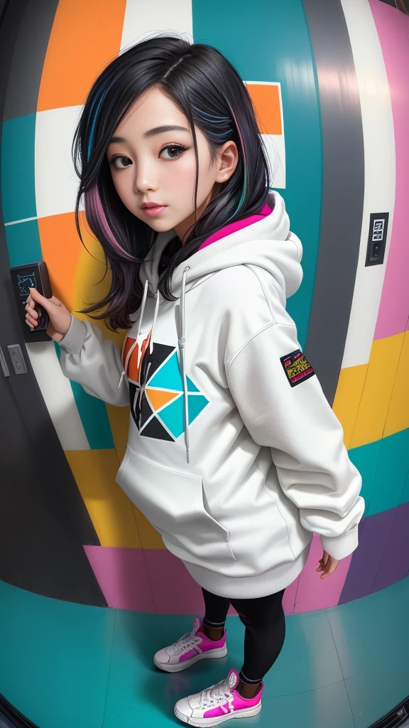 (((Highly detailed CG unit 8K wallpaper:1.2, masterpiece, High resolution:1.2, Highest quality:1.2, Tabletop))), ((Very beautiful woman, Place your hands behind your back.:1.8, Grunge Fashion, Wearing a colorful hoodie, White leggings, Putting on your shoes)), ((Highly detailed face, Highly detailed black eyes, Highly detailed body, Highest qualityのリアルテクスチャスキン)), (Black-haired, Hair length, White skin, small), ((colorful geometric pattern wall, Colorful wall)), (High Angle:1.2, Fisheye Lens:1.3), Surreal, Digital Painting,