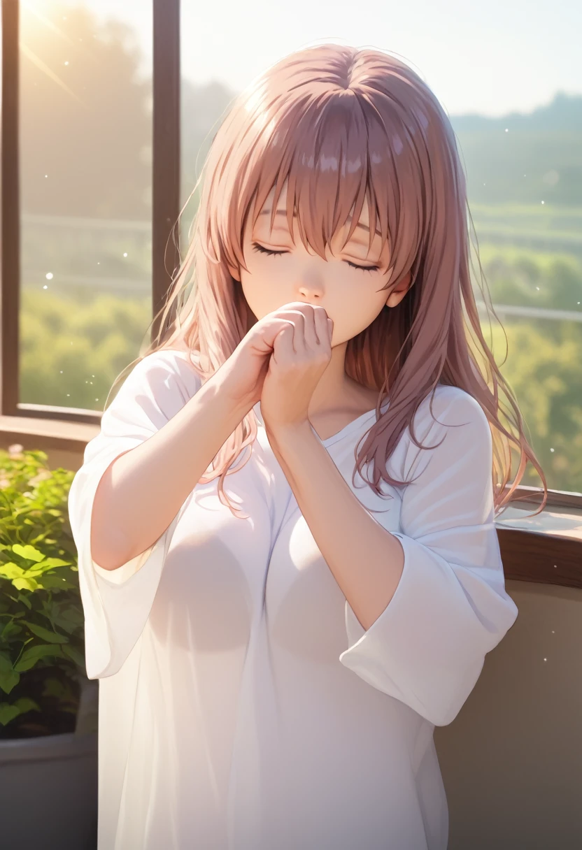 score_9,score_8_up,score_7_up,masterpiece,best quality, source anime, photorealistic, hyperrealistic, 8k,photo,raw,super detailed, extreme detailed, rating_explicit, 
1girl, standing, (Fist raised upward, Outstretched ), Yawning, (covering mouth), cowboy shot,
BREAK girl, shouko nishimiya, 18yo, long hair, pink brown hair, bangs between eyes, brown eyes, (large breasts:0.9),
shiny hair, beautiful detailed eyes, beautiful face,
white long shirt, see through, oversized clothes, (zettai ryouiki), bare thighs,
sleepy, (closed eyes:1.2), wide open mouth,
Apartment balcony, morning, sunlight,