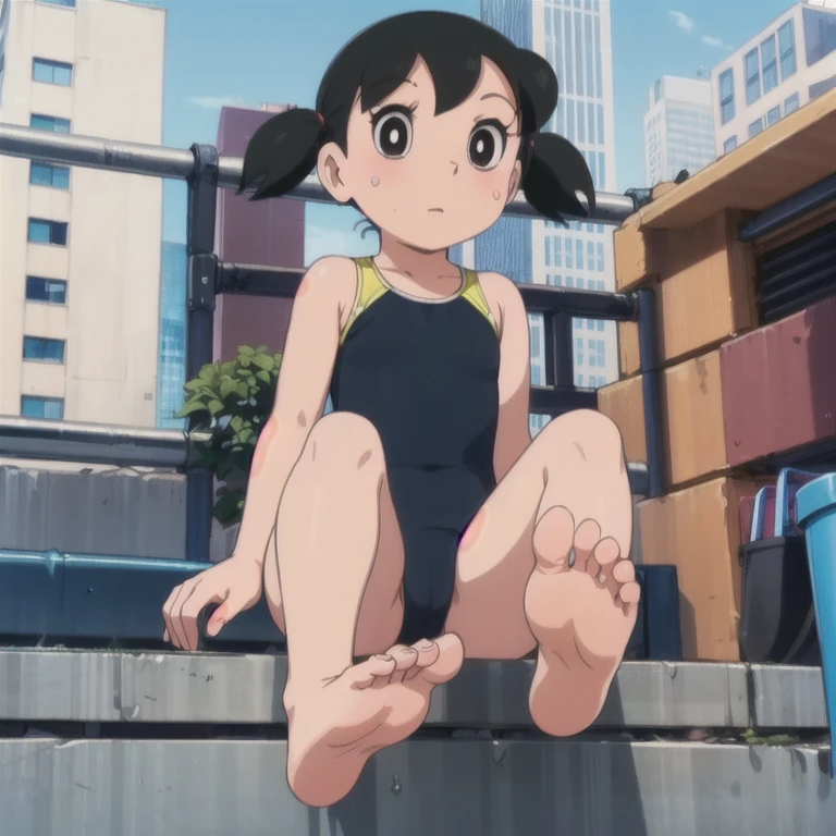 drsizukachan1, explicit, Shizuka Minamoto, (1 girl, alone, black hair, black eyes, twin tails, competition swimsuit, barefoot, looking at viewer, sitting, feet in focus, soles, toes, in top of a skyscraper, scared), nsfw, twintails