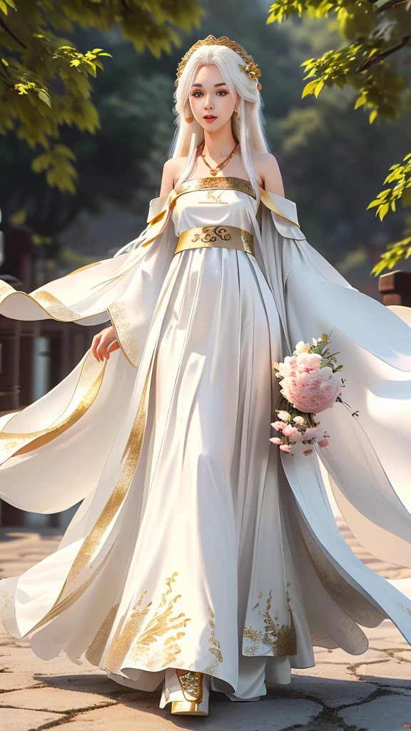 Girl in traditional Chinese clothing, Hanfu, Guzhen Hanfu women, White Hanfu,(long straight white hair:1.5), black eyes, black bun hairstyle, hair accessories ,white diamond earrings, Bangle Diameter, Dia Necklace, Clear eyes, Facing forward,put on makeup, Long eyelashes ,(gold long shoulder coat:1.5), (Very long skirt, white:1.5), ((Whole body)), ((from below)), Clear face, , (Very beautiful face, Beautiful mouth, beautiful eyes), detailed face, ((Ultra-fine skin)), In the dark, deep shadows, an ancient Chinese girl (Very slim figure 1.3) ,Plump breasts, elegant posture ,(palace in the sky:1.5),