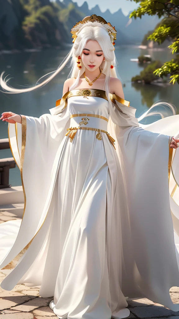 Girl in traditional Chinese clothing, Hanfu, Guzhen Hanfu women, White Hanfu,(long straight white hair:1.5), black eyes, black bun hairstyle, hair accessories ,white diamond earrings, Bangle Diameter, Dia Necklace, Clear eyes, Facing forward,put on makeup, Long eyelashes ,(gold long shoulder coat:1.5), (Very long skirt, white:1.5), ((Whole body)), ((from below)), Clear face, , (Very beautiful face, Beautiful mouth, beautiful eyes), detailed face, ((Ultra-fine skin)), In the dark, deep shadows, an ancient Chinese girl (Very slim figure 1.3) ,Plump breasts, elegant posture ,(palace in the sky:1.5),