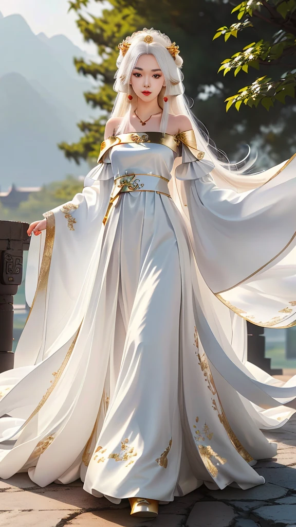 Girl in traditional Chinese clothing, Hanfu, Guzhen Hanfu women, White Hanfu,(long straight white hair:1.5), black eyes, black bun hairstyle, hair accessories ,white diamond earrings, Bangle Diameter, Dia Necklace, Clear eyes, Facing forward,put on makeup, Long eyelashes ,(gold long shoulder coat:1.5), (Very long skirt, white:1.5), ((Whole body)), ((from below)), Clear face, , (Very beautiful face, Beautiful mouth, beautiful eyes), detailed face, ((Ultra-fine skin)), In the dark, deep shadows, an ancient Chinese girl (Very slim figure 1.3) ,Plump breasts, elegant posture ,(palace in the sky:1.5),