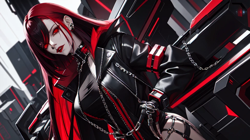 cyber punk woman, with chain jewelry, black and red hair