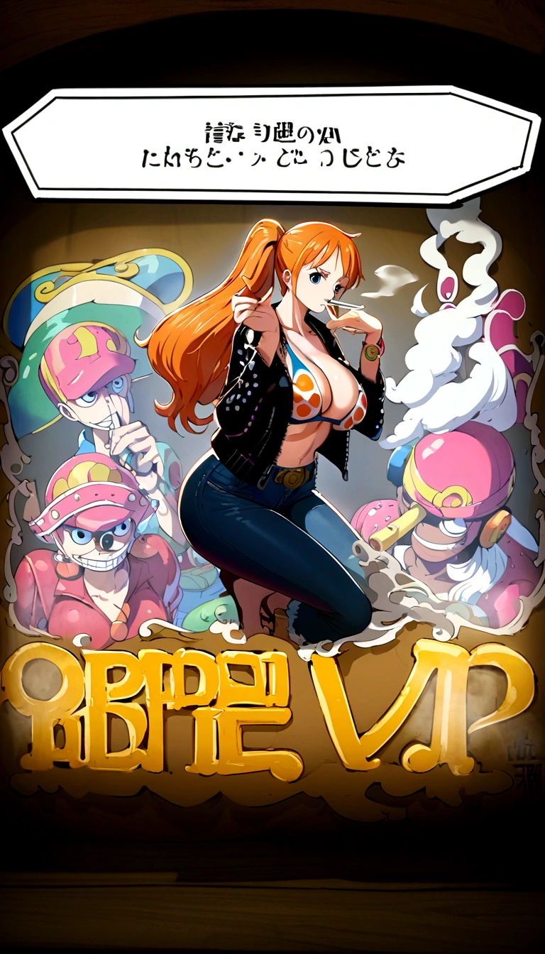a cartoon picture of a woman in a bikini top and jeans, nami one piece, nami from one piece, nami, beautiful portrait of nami, from one piece, oppai, blue eyes, smoking, ponytail