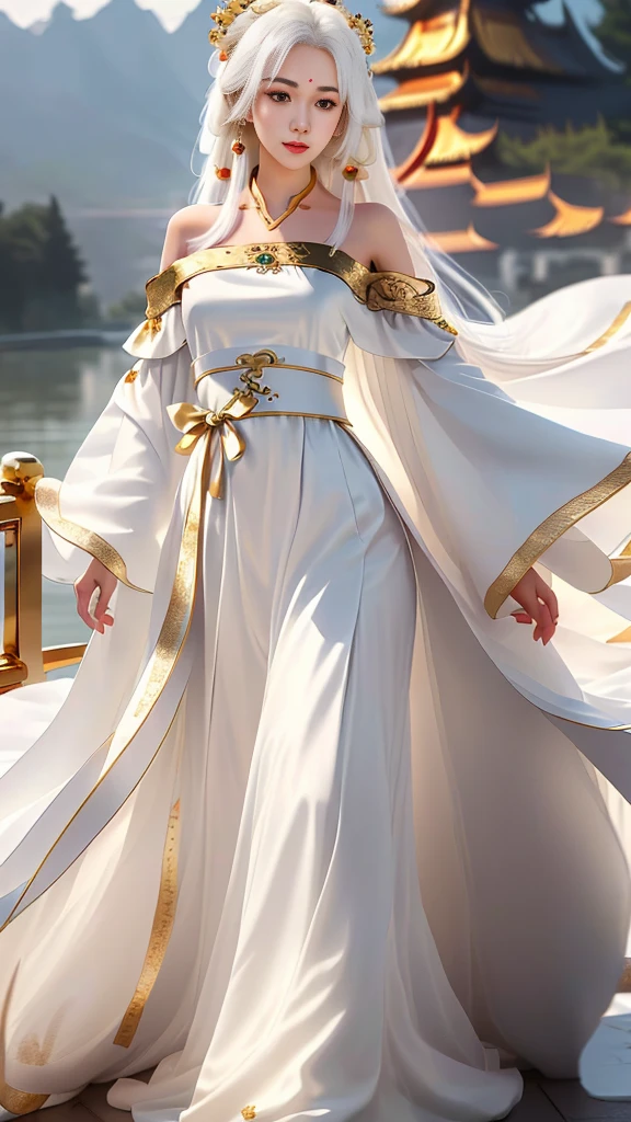 Girl in traditional Chinese clothing, Hanfu, Guzhen Hanfu women, White Hanfu,(long straight white hair:1.5), black eyes, black bun hairstyle, hair accessories ,white diamond earrings, Bangle Diameter, Dia Necklace, Clear eyes, Facing forward,put on makeup, Long eyelashes ,(gold long shoulder coat:1.5), (Very long skirt, white:1.5), ((Whole body)), ((from below)), Clear face, , (Very beautiful face, Beautiful mouth, beautiful eyes), detailed face, ((Ultra-fine skin)), In the dark, deep shadows, an ancient Chinese girl (Very slim figure 1.3) ,Plump breasts, elegant posture ,(palace in the sky:1.5),