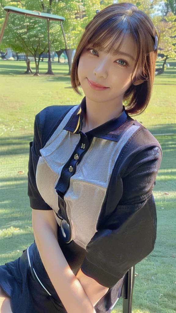 (((One girl)))((Highest quality, 8K, masterpiece:1.3)),((sharp:1.2, Beautiful woman with perfect figure:1.4, Slim Abs:1.2)), ((Layered Hairstyles, Huge boobs:1.3)),((Highly detailed face and skin texture,Detailed eyes,black eye,double eyelid, Droopy eyes)),(Japanese Girls:1.5)(Brown Hair,Bobcut)(Polo shirt:1.8),(at the park:1.3)Impish Smile